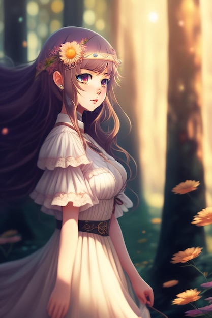 Dziewczyna w białej sukni z kwiatami na głowie stoi w lesie.