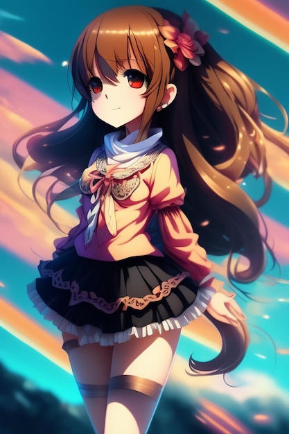 Dziewczyna z anime z czerwonym ogonem i czarnymi włosami