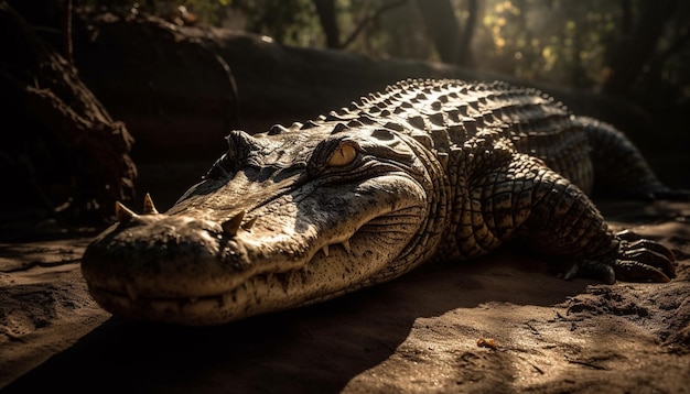 Dziki aligator odpoczywający na afrykańskich bagnach wygenerowany przez sztuczną inteligencję
