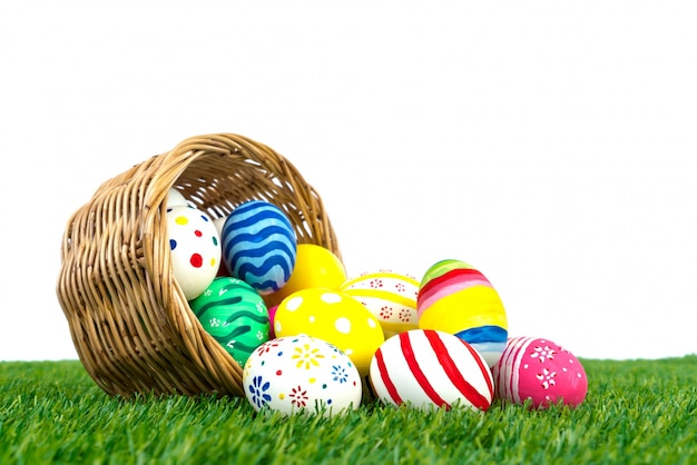 Bezpłatne zdjęcie easter eggs na świeże zielona trawa na białym tle