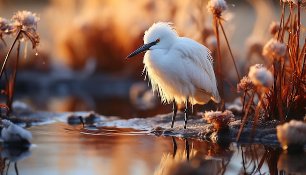 Bezpłatne zdjęcie egret wędrujący w spokojnym stawie odzwierciedlający naturalne piękno przy zachodzie słońca generowane przez sztuczną inteligencję