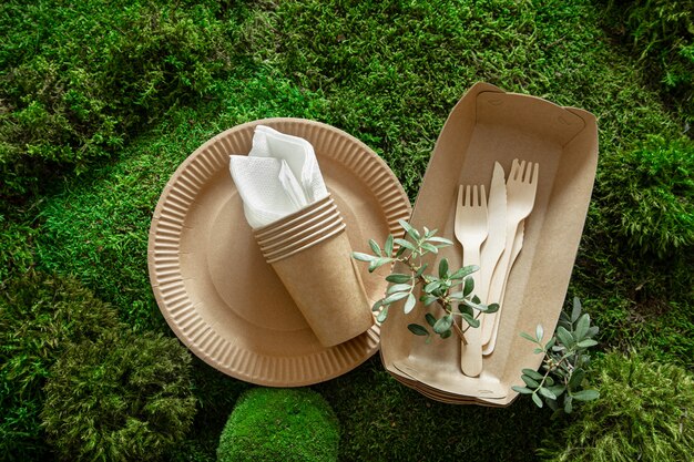 Ekologiczna, jednorazowa, nadająca się do recyklingu zastawa stołowa.