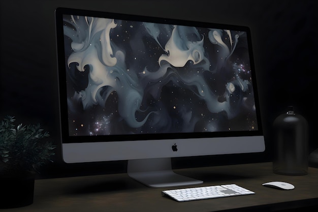 Bezpłatne zdjęcie ekran komputera i mysz na stole w ciemnym pokoju renderowanie 3d