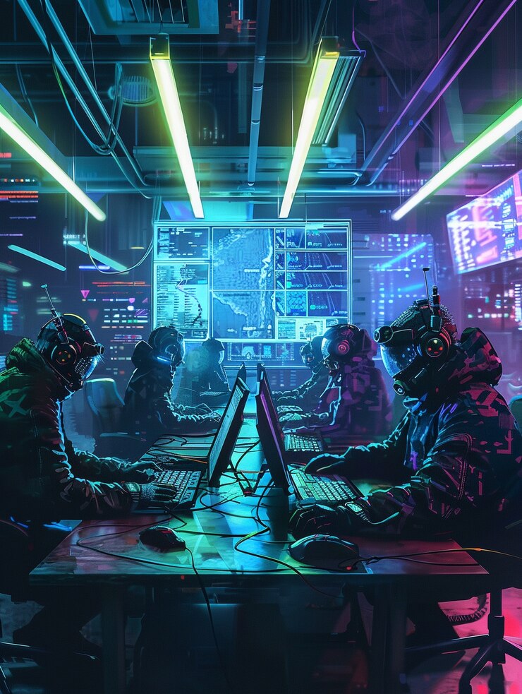 Bezpłatny plik Zdjęcie ekspert ds. bezpieczeństwa cybernetycznego pracujący z technologią w neonowych światłach