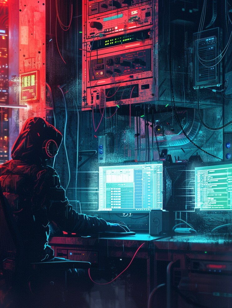 Bezpłatny plik Zdjęcie ekspert ds. bezpieczeństwa cybernetycznego pracujący z technologią w neonowych światłach