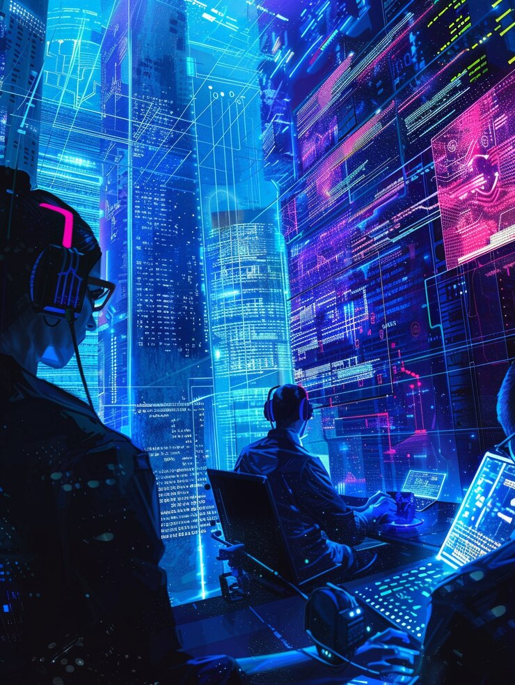 Bezpłatny plik Zdjęcie ekspert ds. bezpieczeństwa cybernetycznego pracujący z technologią w neonowych światłach