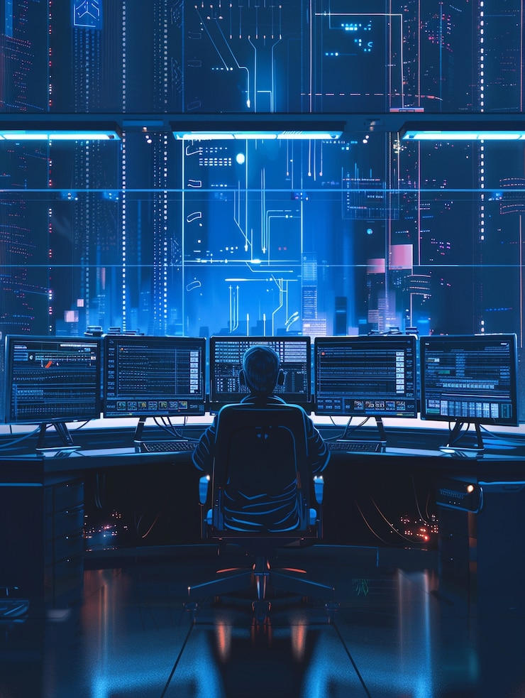 Bezpłatny plik Zdjęcie ekspert ds. bezpieczeństwa cybernetycznego pracujący z technologią w neonowych światłach