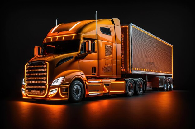 Ekspozycja pomarańczowej amerykańskiej ciężarówki na czarnym tle Ai generatywny
