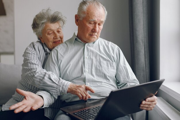 Elegancka stara para siedzi w domu i używa laptop
