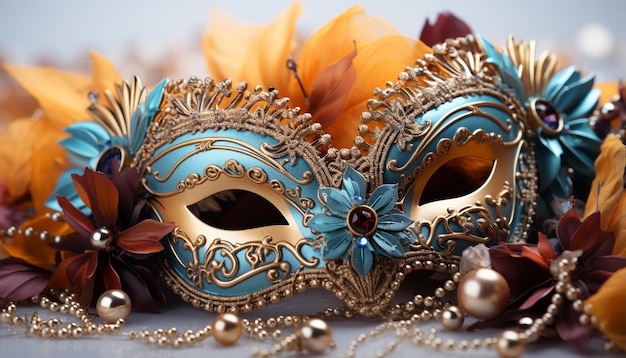 Bezpłatne zdjęcie elegancki kostium z pierzastą złotą maską na uroczystość mardi gras generowaną przez sztuczną inteligencję