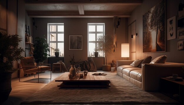 Elegancki nowoczesny salon z wygodną sofą wygenerowany przez AI