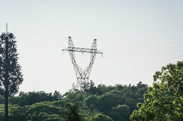 Elektryczne słupy i linie energetyczne, o zachodzie słońca