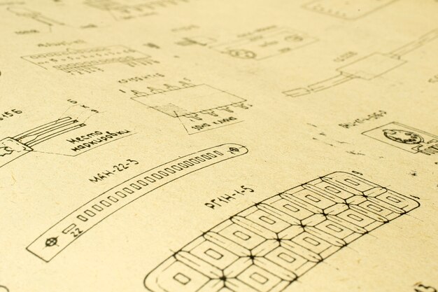 Elementy radia elektrycznego wydrukowane na starym papierze w stylu vintage jako tło dla edukacji, przemysłu elektrycznego, materiałów naprawczych itp. Selektywne ustawianie ostrości z głębią pola.