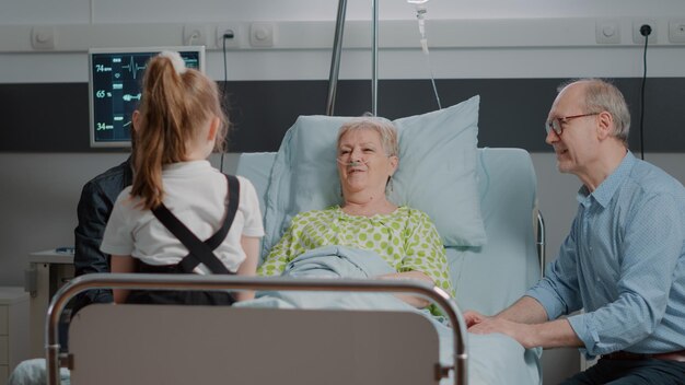 Emerytowana kobieta z wizytą małej dziewczynki i matki na oddziale szpitalnym. Siostrzenica i córka odwiedzają chorą w łóżku babcię w szpitalu, rozmawiają z mamą i starcem.