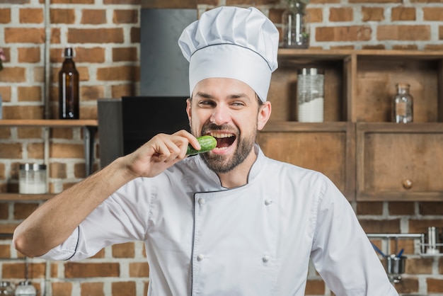 Fachowy męski szef kuchni je zielonego ogórek