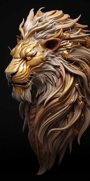 Bezpłatne zdjęcie fajnie wyglądająca, złota głowa lwa 3d z długą grzywą