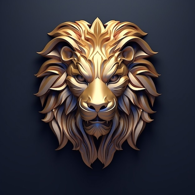 Fajnie wyglądająca, złota głowa lwa 3D z długą grzywą