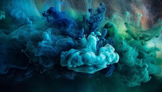 Fala niebieskiego atramentu płynąca pod wodą, tworząca dym generowany przez sztuczną inteligencję