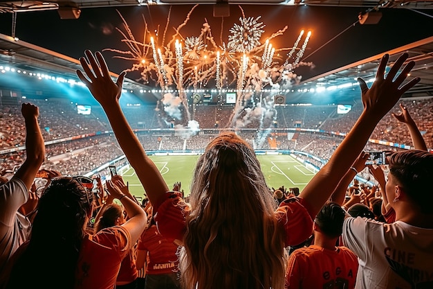 Fani piłki nożnej cheerują swoją drużynę na stadionie