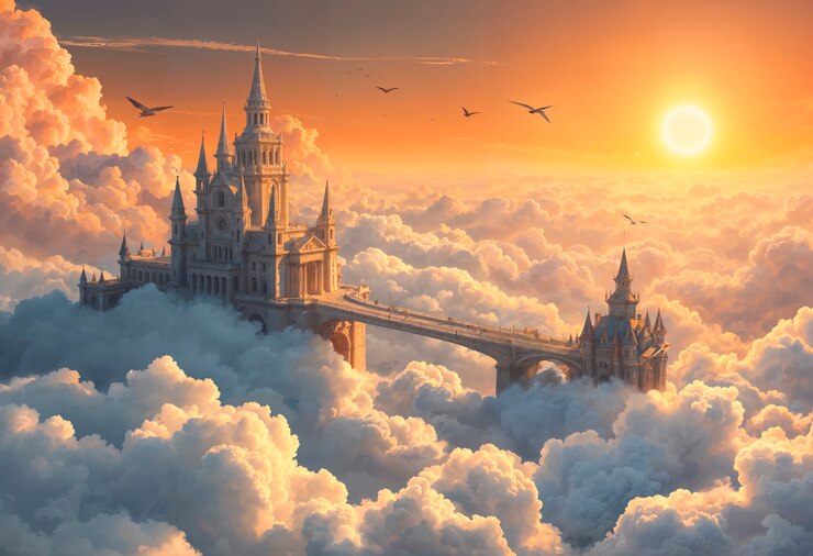 Bezpłatny plik Zdjęcie fantasy krajobraz zamku otoczonego chmurami ilustracja
