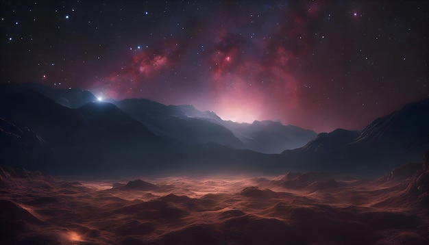 Bezpłatne zdjęcie fantasy obca planeta góra i mgławica ilustracja 3d