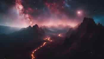 Bezpłatne zdjęcie fantasy obca planeta góra i mgławica ilustracja 3d