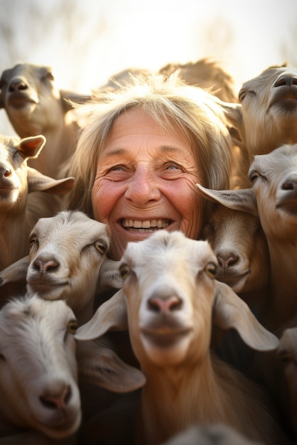 Bezpłatne zdjęcie farmer taking care of photorealistic goat farm