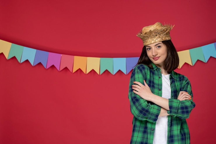 Bezpłatny plik Zdjęcie festa junina w słomkowym kapeluszu młoda dziewczyna świętuje brazylijski festiwal skrzyżowanie rąk