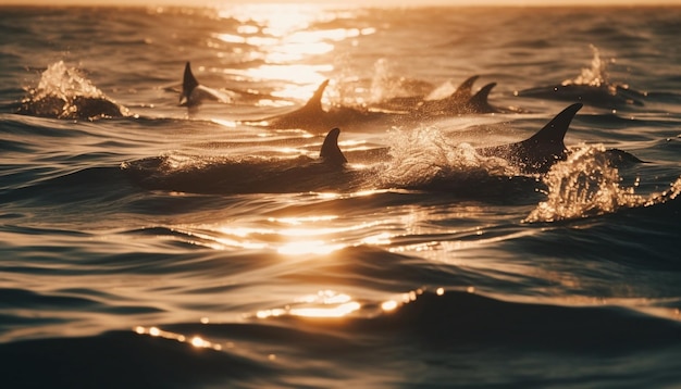 Bezpłatne zdjęcie figlarny delfin pluskający się w spokojnych wodach o zachodzie słońca generowany przez sztuczną inteligencję