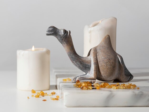 Bezpłatne zdjęcie figurka wielbłąda z rodzynkami i świecami