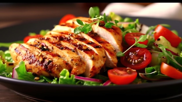 Filet z piersi kurczaka z grilla i Sałatka ze świeżych warzyw Zdrowe menu obiadowe Obraz generowany przez AI