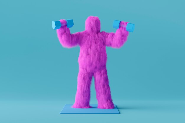 Fioletowa kreskówka yeti z dumbbellami
