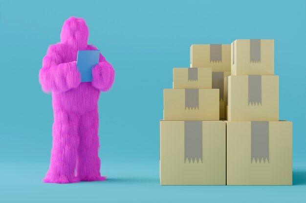 Fioletowa kreskówka yeti z pudełkami