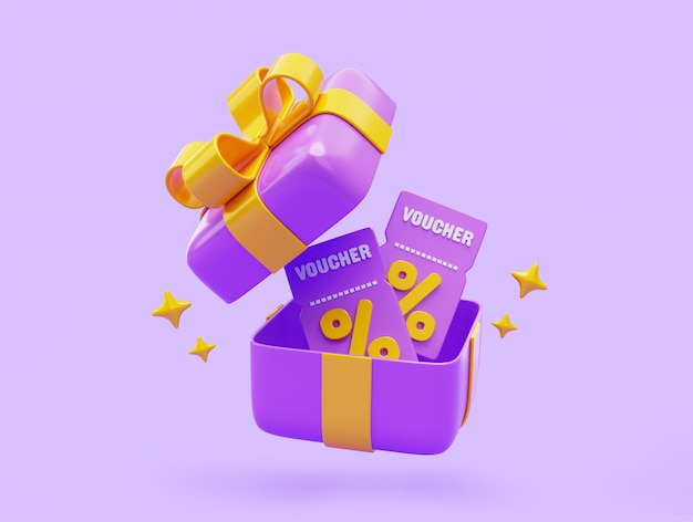 Fioletowe otwarte pudełko z kuponem bonus niespodzianka minimalny prezent powitanie uroczystość promocja rabat sprzedaż nagroda ikona ilustracja 3D
