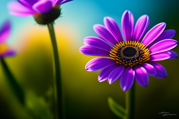 Fioletowy kwiat z niebieskim środkiem i żółtym środkiem.