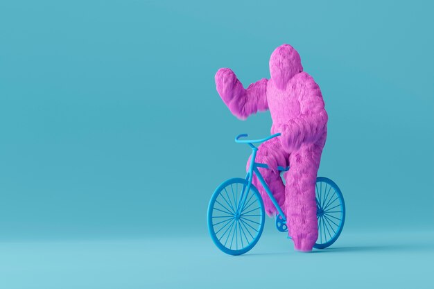 Fioletowy yeti kreskówka na rowerze