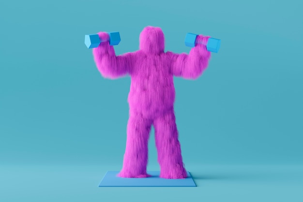 Fioletowy yeti kreskówka z hantlami