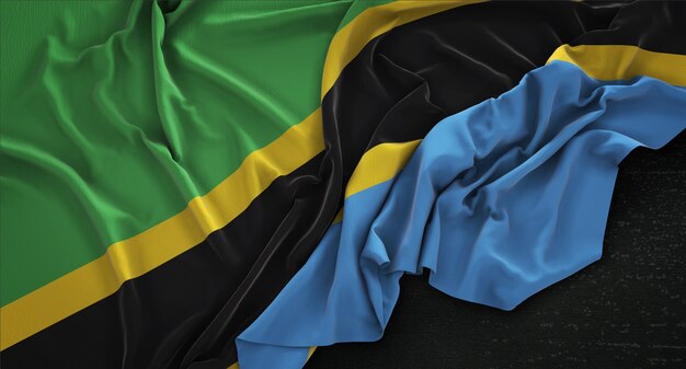Flaga Tanzanii zmarszczki na ciemnym tle 3D Render