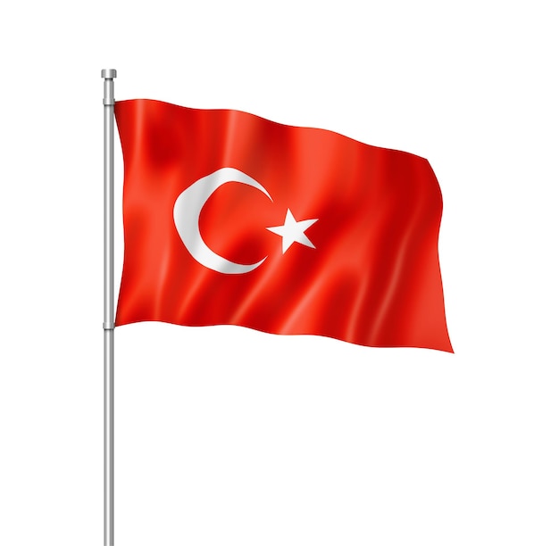 Flaga turcji, trójwymiarowy render, na białym tle