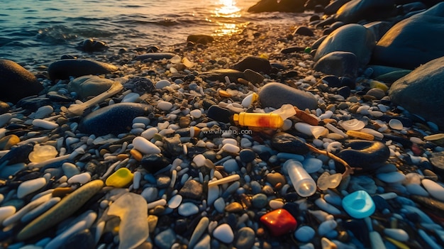 Bezpłatne zdjęcie fotografia zanieczyszczenia plastikiem z kamienia na plaży