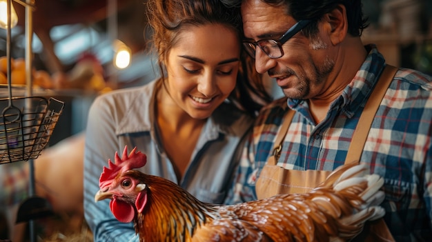 Bezpłatne zdjęcie fotorealistyczna scena farmy drobiu z ludźmi i kurczakami