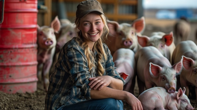 Bezpłatne zdjęcie fotorealistyczna scena z osobą dbającą o farmę świń