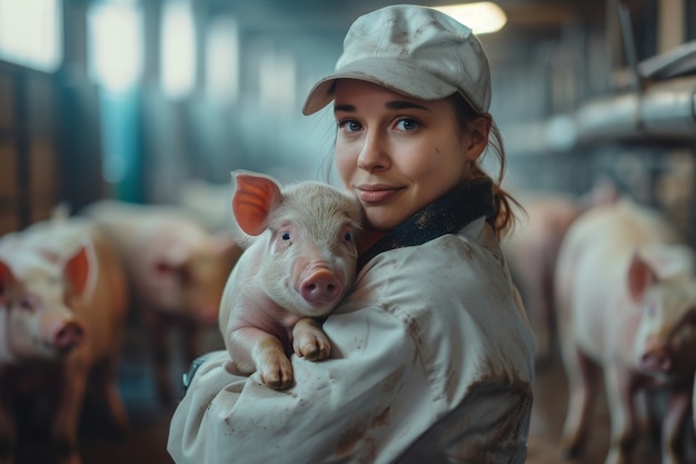 Bezpłatne zdjęcie fotorealistyczna scena z osobą dbającą o farmę świń