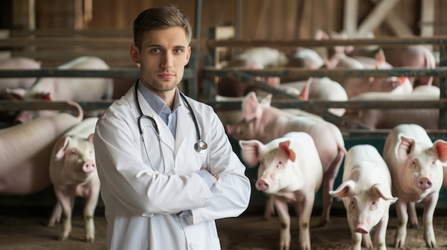 Fotorealistyczna scena z osobą dbającą o farmę świń