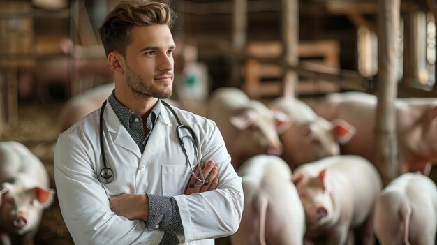 Fotorealistyczna scena z osobą dbającą o farmę świń