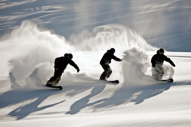 Bezpłatne zdjęcie fotorealistyczna zimowa scena z ludźmi na snowboardu