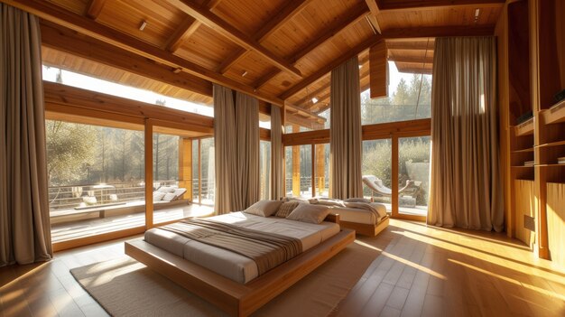 Fotorealistyczne drewniane wnętrze domu z drewnianym dekoracją i meblami