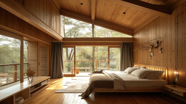 Fotorealistyczne drewniane wnętrze domu z drewnianym dekoracją i meblami