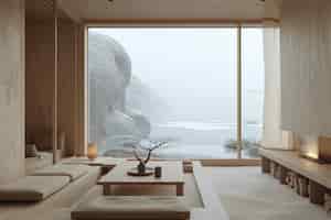 Bezpłatne zdjęcie fotorealistyczne drewniane wnętrze domu z drewnianym dekoracją i meblami