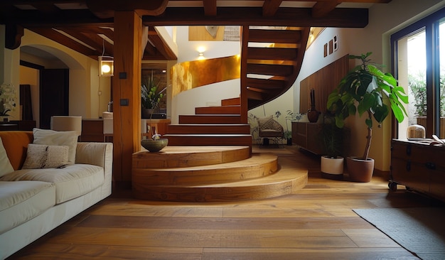 Bezpłatne zdjęcie fotorealistyczne wnętrze drewnianego domu z drewnianym dekoracją i meblami